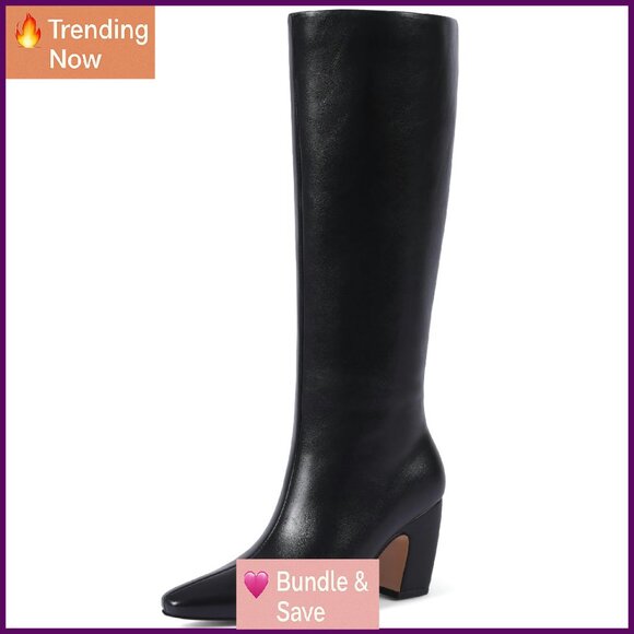 Knee High Square Toe Faux Leather Boots Chunky Heel Stretch Fit Riding Fashion